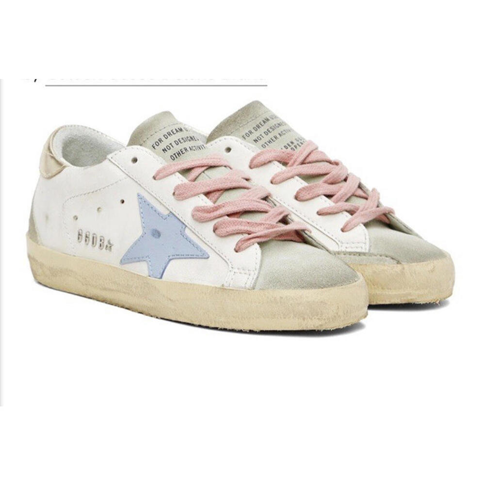 Golden Goose White Leather Sneakers with Blue Star and Pink Laces